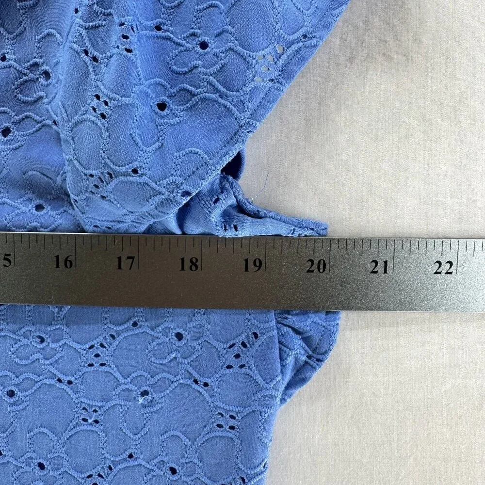 Michael Kors Floral Lace Eyelet Top Womens M V-Neck Ruffle Sleeve Pullover Blue